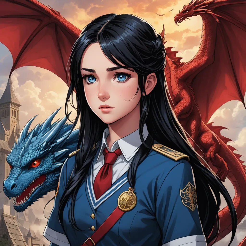 a woman in uniform with a dragon on her shoulder and a castle in the background with clouds and a red dragon, fantasy art, a character portrait, Anne Stokes, dragon art