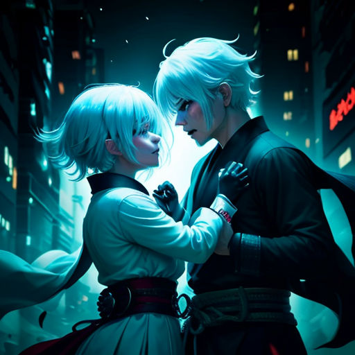 a couple of people standing next to each other in a city at night with buildings in the background and a neon light