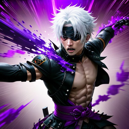 a man with white hair and a purple outfit holding a sword in his hands and a purple background behind him