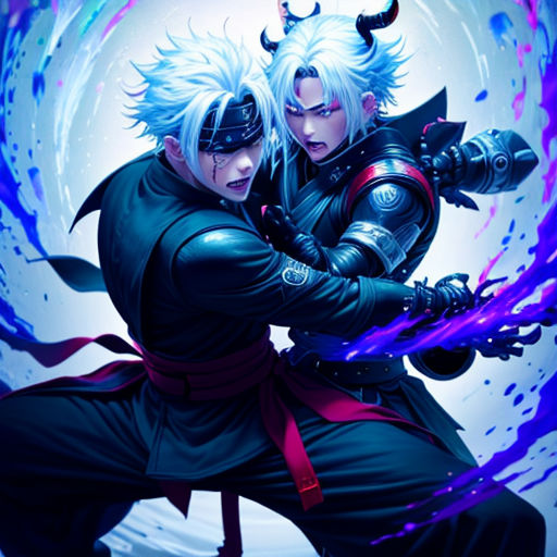 two anime characters are fighting in front of a full moon with blue and purple streaks on it, one of them is holding a sword