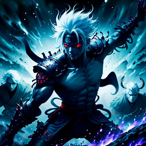 a man with a sword in his hand and a demon on his back, in the middle of a painting