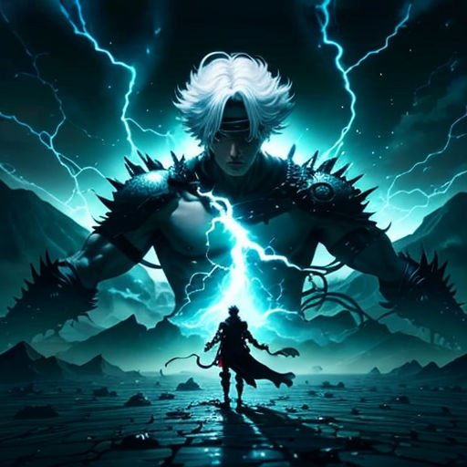 a woman standing in front of a lightning storm with a sword in her hand and a lightning behind her