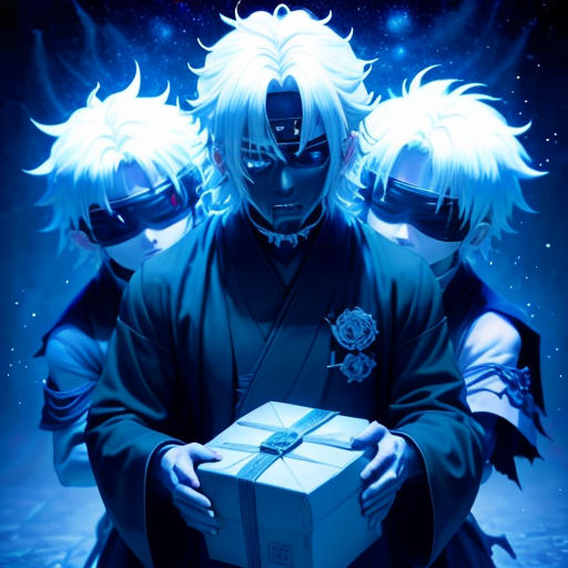 a man holding a box with three other men around him and a blue background with stars and a sky