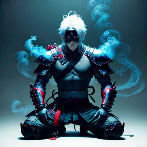 a man in a black outfit with a mask and a cigarette in his hand sitting on the ground with smoke coming out of his hands