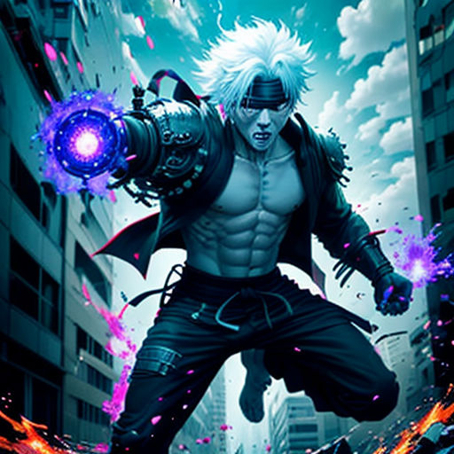 a man with a gun in his hand and a demon on his shoulder, in the middle of a city