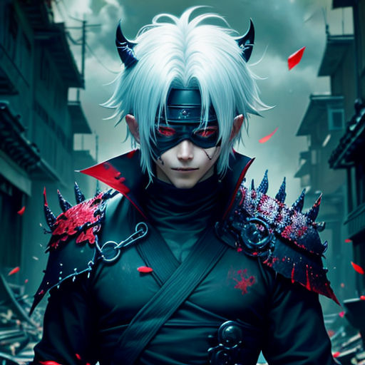 a man with white hair and horns in a black outfit and red eyes is standing in a city street
