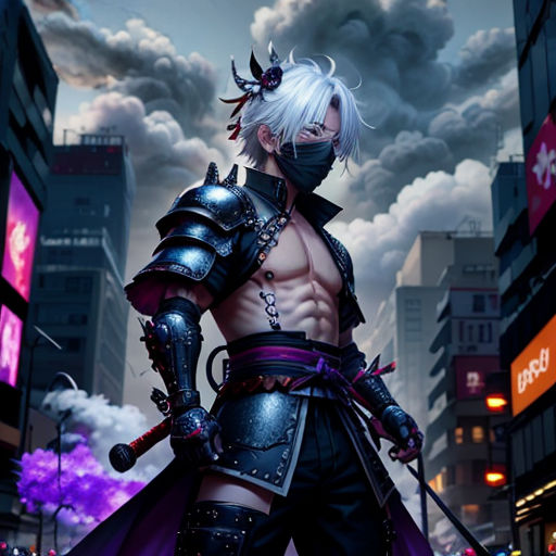 a man in a costume standing in a city street with a sword in his hand and a helmet on his head