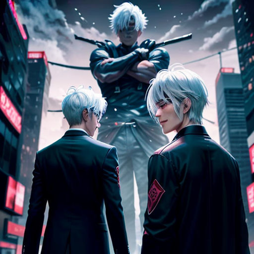 two men in black suits standing in front of a cityscape with a sky background and a red light