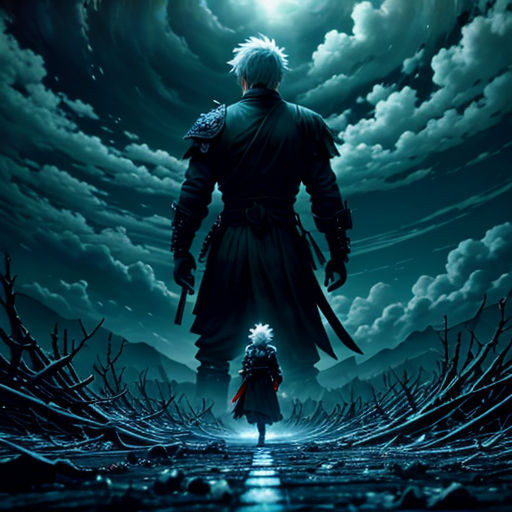 a man standing in the middle of a field with a sword in his hand and a full moon in the background