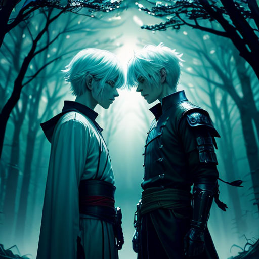 two people standing in front of a forest with trees and a light shining through the trees on the ground