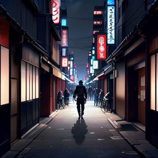 a man walking down a street at night in a city with neon signs on the buildings and people walking down the street