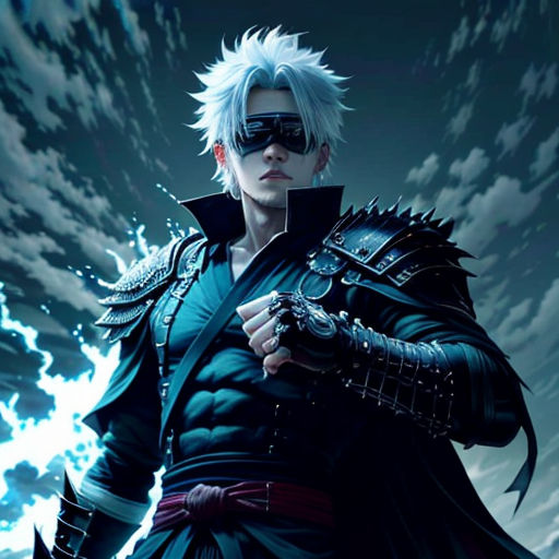a man with white hair and black glasses holding a sword in his hand and a sky background with clouds