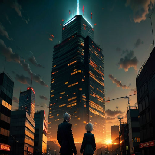 a couple of people standing in front of a tall building at night with the sun setting behind them and the sky