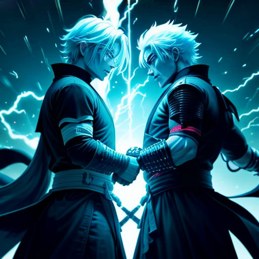 two anime characters standing next to each other in front of a lightning background with lightning streaks behind them and a black background