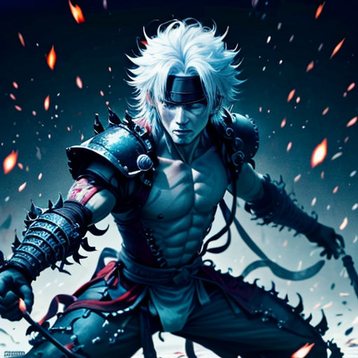 a man with white hair and a sword in his hand, in front of a black background with red and white fire