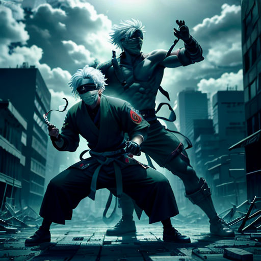 two anime characters in a city street with a sky background and clouds in the background, one of them holding two swords