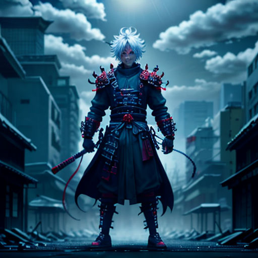 a man in a black outfit standing in a city at night with a sword in his hand and a full moon in the background