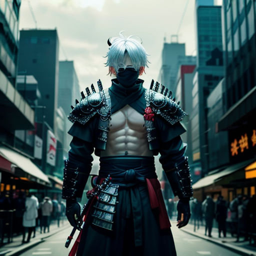 a man in a black outfit with white hair and a black mask on his face and chest standing in a city street