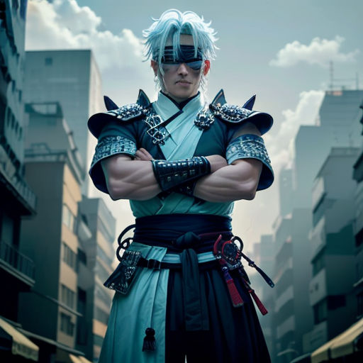 a man in a blue outfit with his arms crossed in front of a cityscape background with buildings