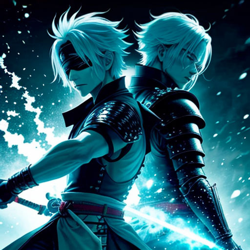 two anime characters standing next to each other in front of a sky background with stars and clouds, one of them holding a sword