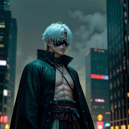 a man with white hair and a black cape standing in front of a cityscape at night with his shirt open