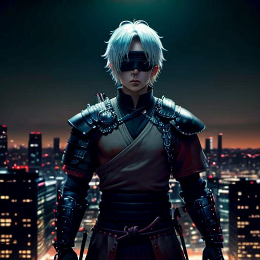 a man in a black outfit standing in front of a city at night with a sword in his hand