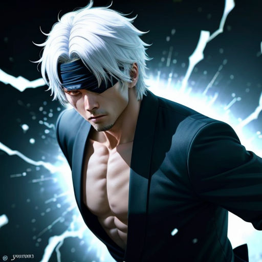 a man with white hair and a black jacket on holding a sword in his hand and a lightning background