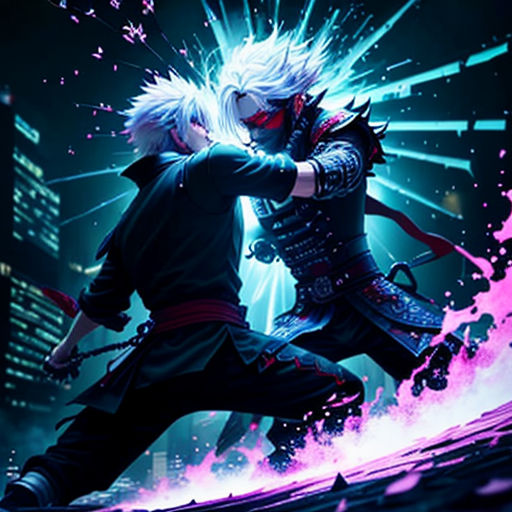 two people in a city with neon lights and a neon background, one of them is holding a sword