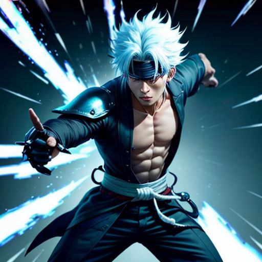 a man with white hair and a black outfit is dancing with his arms outstretched and his hands out in the air