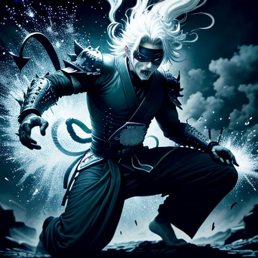 a man in a costume with a sword in his hand and a demon on his shoulder, with a sky background