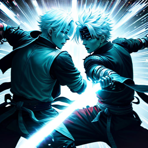 two people in black outfits fighting with swords in front of a blue background with white lights and stars in the background