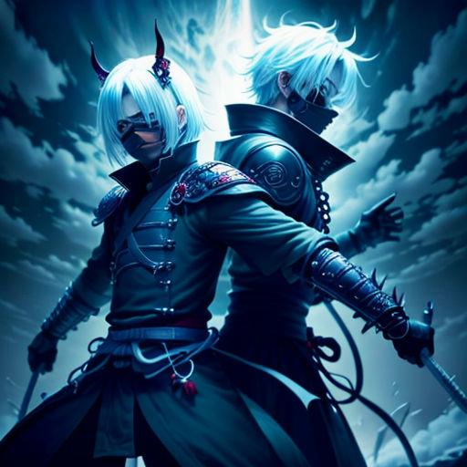 two people dressed in black and white standing next to each other in front of a dark sky with clouds