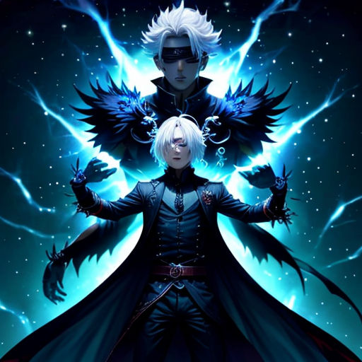 two people standing next to each other in front of a blue background with stars and lightnings on it