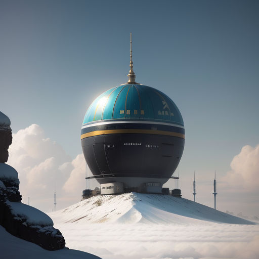 a large blue and gold dome on top of a mountain covered in snow and clouds with a sky background, retrofuturism, a 3D render, Filip Hodas, cgstudio