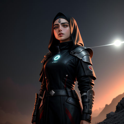 a woman in a futuristic outfit standing in front of a mountain at night with a bright light in the distance, space art, a character portrait, Eve Ryder, character portrait