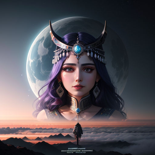 a woman with a horned headdress and a moon in the background with clouds and mountains in the foreground, fantasy art, a digital painting, Amir Zand, fantasy artwork