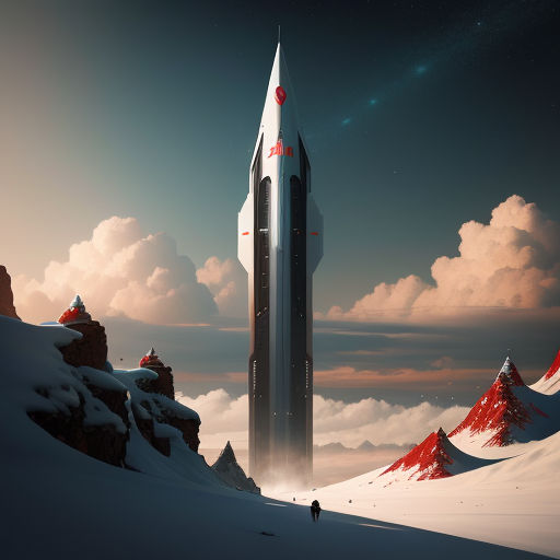 a futuristic space ship flying over a snowy mountain range with a man standing on the ground in front of it, space art, a matte painting, Christopher Balaskas, artem demura