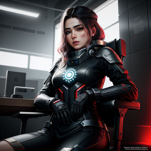 a woman in a futuristic suit sitting in a chair with a computer monitor in the background and a red light behind her, computer art, cyberpunk art, Artgerm, stanley artgerm lau