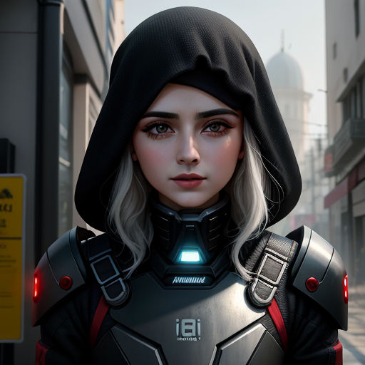 a woman in a futuristic suit standing on a street corner with a helmet on her head and a hood on, photorealism, cyberpunk art, Cedric Peyravernay, cgstudio