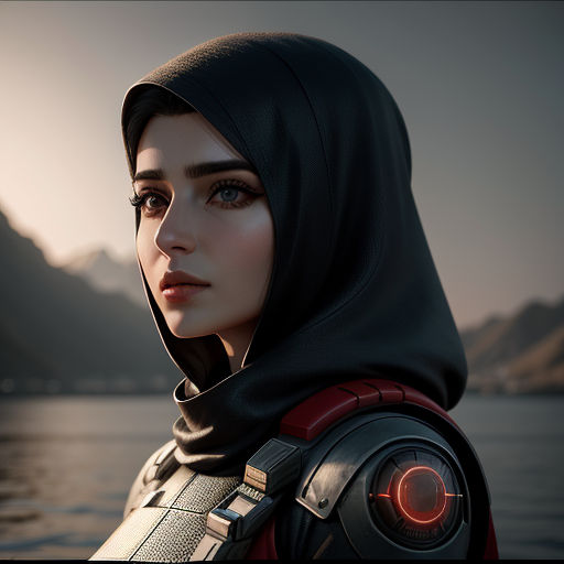 a woman in a black hoodie is standing by the water with a mountain in the background and a lake in the foreground, photorealism, computer graphics, Amir Zand, cgstudio