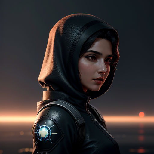 a woman in a hoodie is looking at the camera with a glowing light on her face and a city in the background, space art, cyberpunk art, Cedric Peyravernay, trending on artstation hq