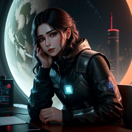 a woman sitting at a desk with a laptop computer in front of her and a futuristic city in the background, space art, cyberpunk art, Eve Ryder, stanley artgerm lau