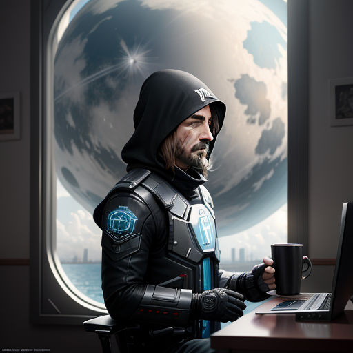 a man in a space suit sitting at a desk with a laptop and a cup of coffee in his hand, computer art, a character portrait, Alejandro Burdisio, professional digital painting