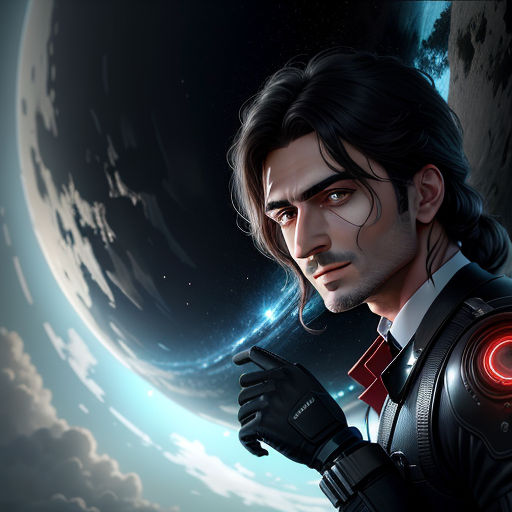 a man in a suit and tie standing in front of a planet with a red light on it's chest, space art, a character portrait, Cedric Seaut (Keos Masons), key art