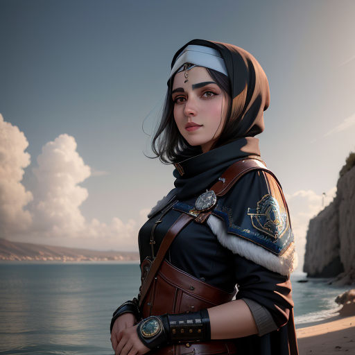 a woman in a costume standing on a beach next to the ocean and a cliff in the background with a sky background, fantasy art, a character portrait, Cedric Peyravernay, cosplay