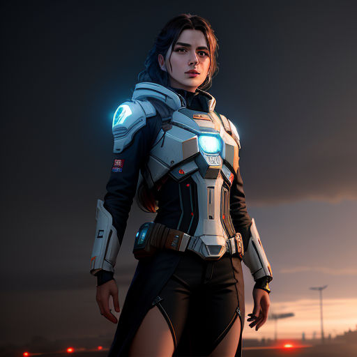 a woman in a futuristic suit standing in the dark with a light on her chest and a futuristic helmet on, photorealism, a character portrait, Eve Ryder, unreal 5