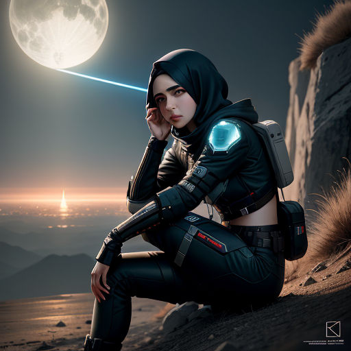a woman in a futuristic outfit sitting on a rock with a moon in the background and a light saber in her hand, space art, cyberpunk art, Amir Zand, sci fi fantasy