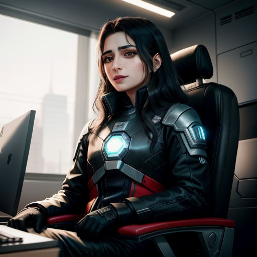 a woman in a black suit sitting in front of a computer desk with a keyboard and monitor on it, computer art, computer graphics, Eve Ryder, unreal engine 5 highly rendered