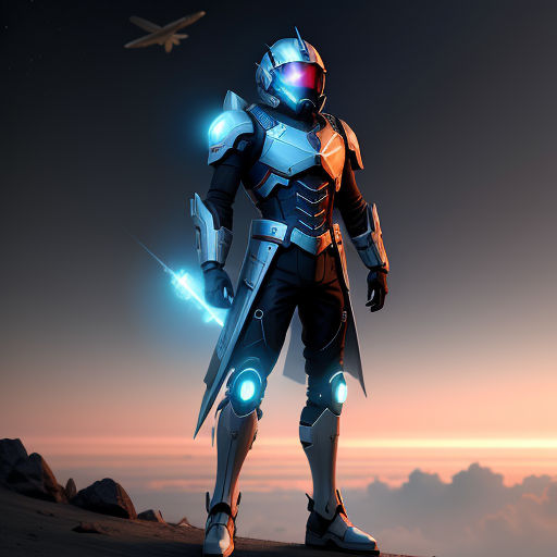 a man in a futuristic suit standing on a hill with a plane in the background and a plane flying overhead, space art, concept art, Cedric Seaut (Keos Masons), star citizen halo