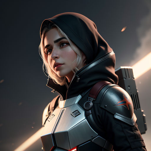 a woman in a futuristic suit holding a gun and a light saber in her hand, with a dark background, antipodeans, a character portrait, Eve Ryder, trending on artstation hq
